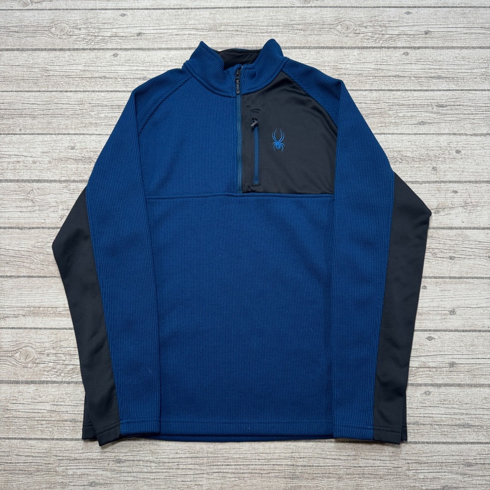 Spyder Sweater Mens 2XL Blue Black Quarter Zip Waffle Knit Fleece Lined Pullover